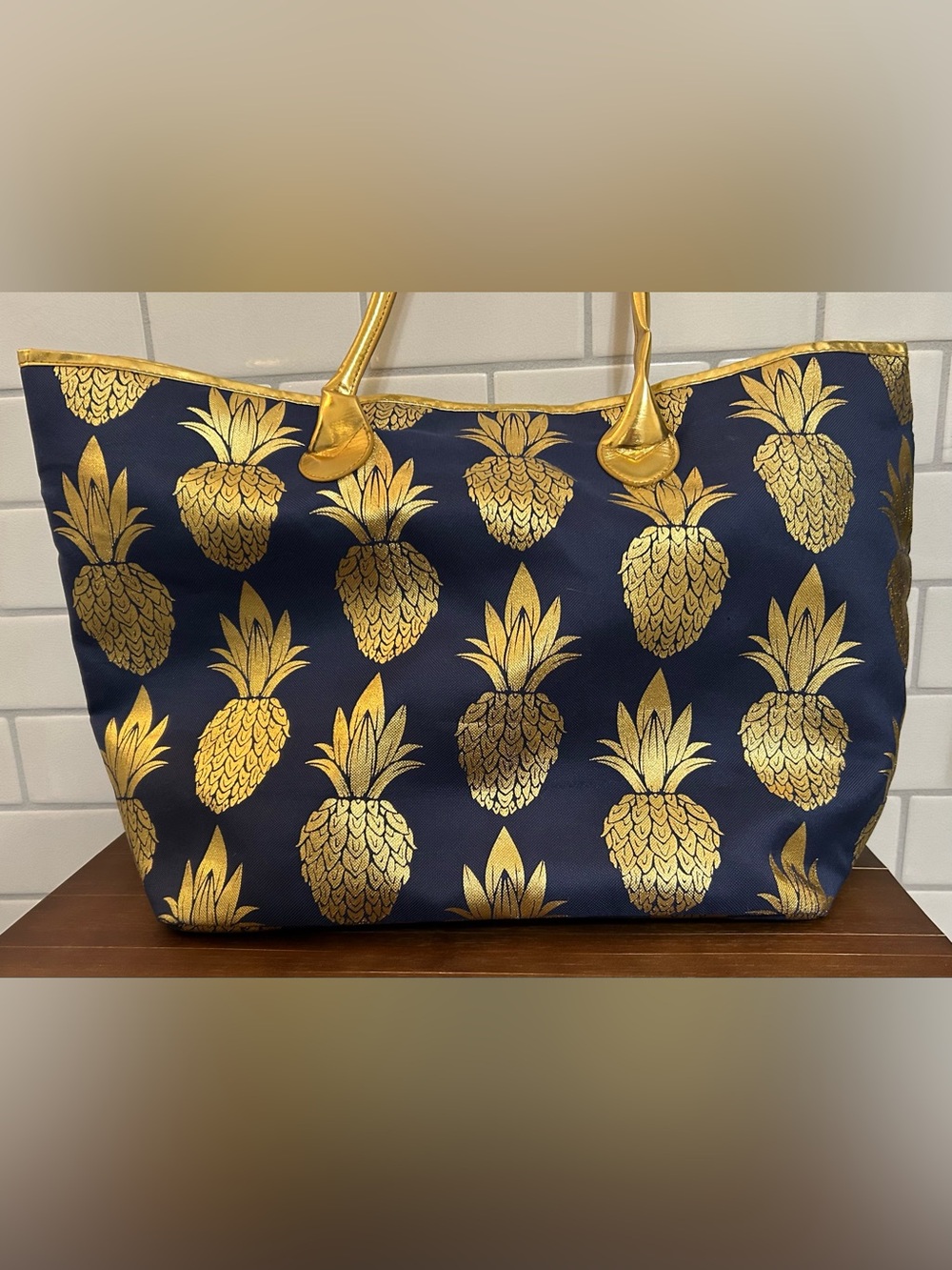 Gold Pineapple Print Navy Tote Bag